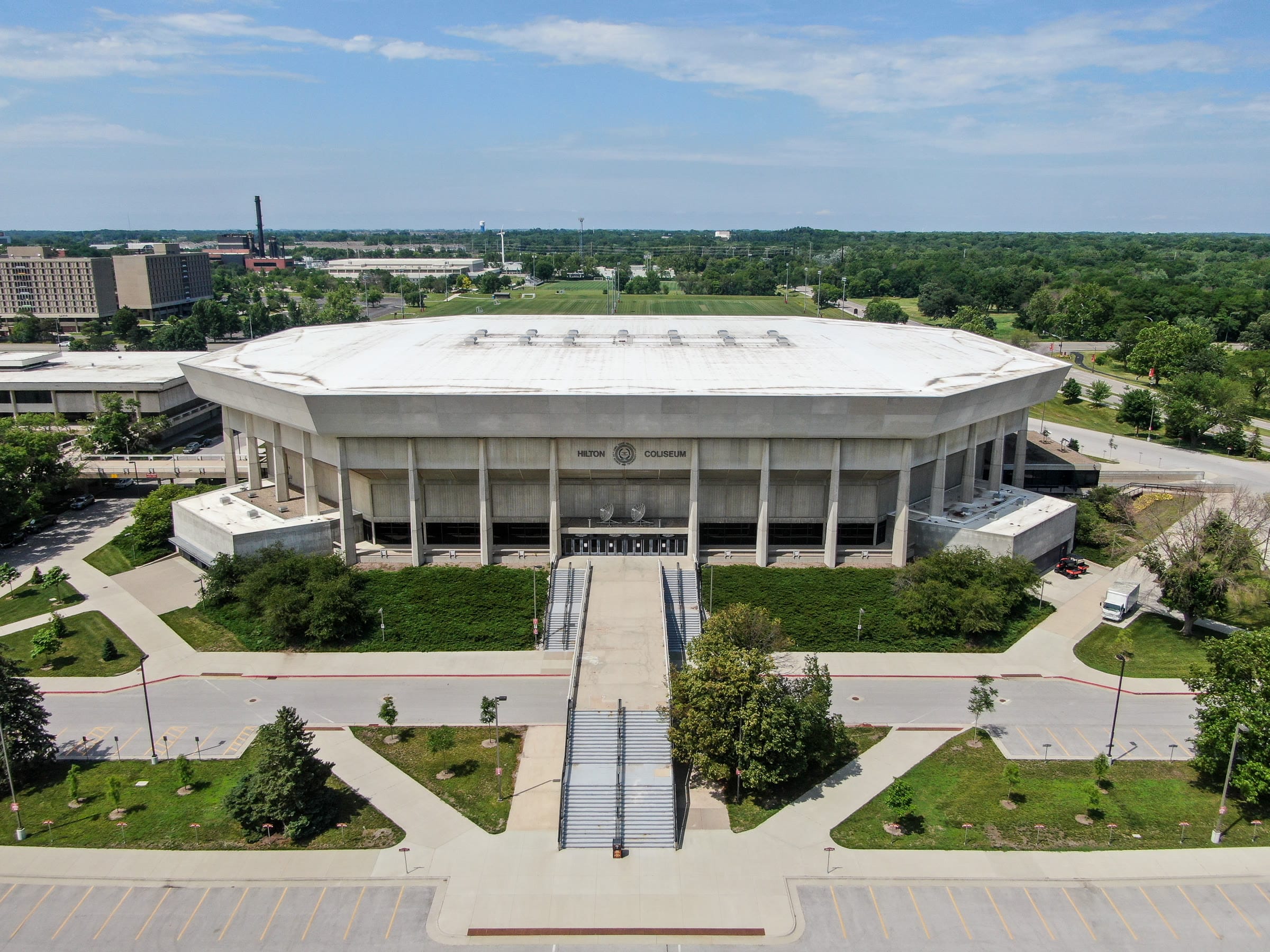 Aerial view of Hilton Coliseum on the Iowa State campus